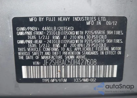 2013 Subaru Forester 2.5X из США, поврежденный, VIN JF2SHBAC5DH427608